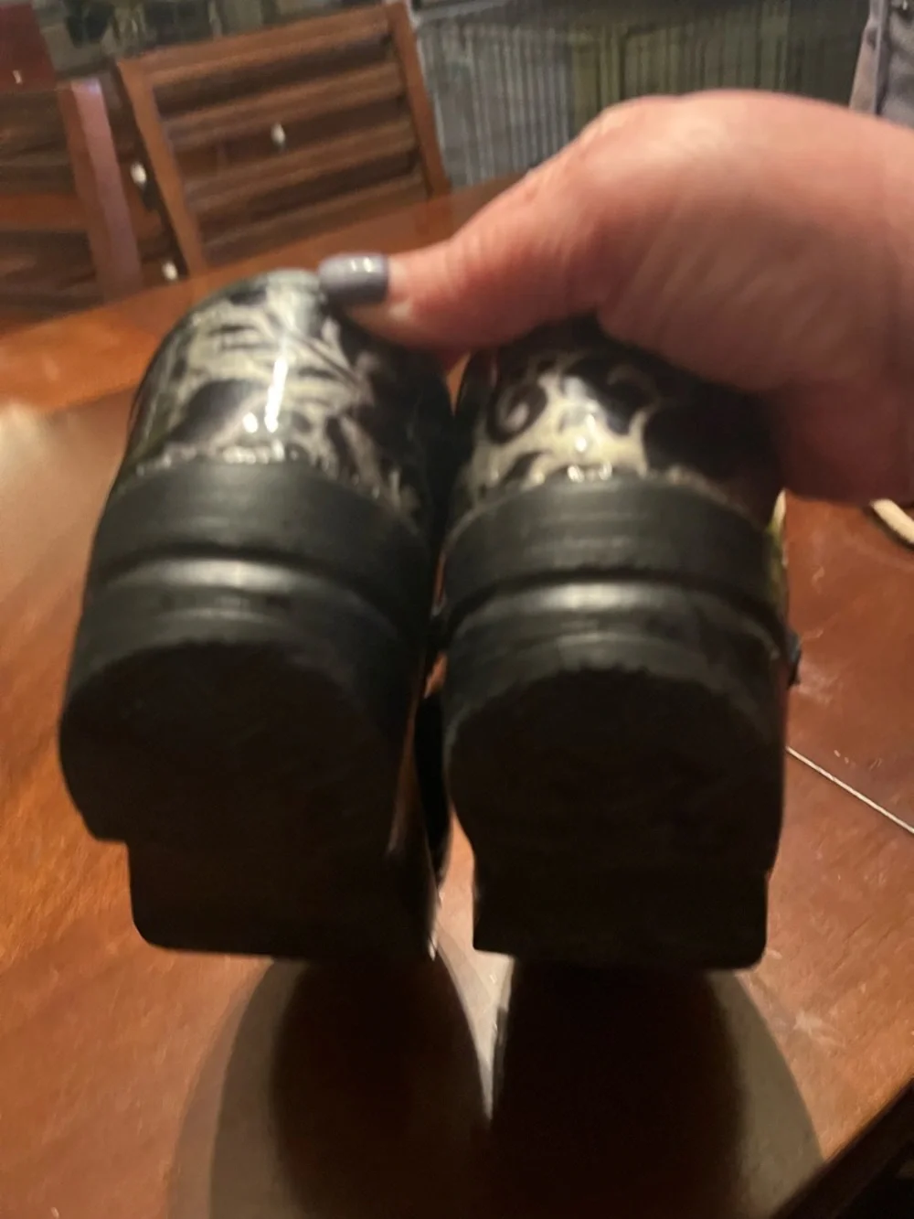 Dansko Black and Silver Floral Patent Clogs with Metallic Accents - Picture 7 of 7